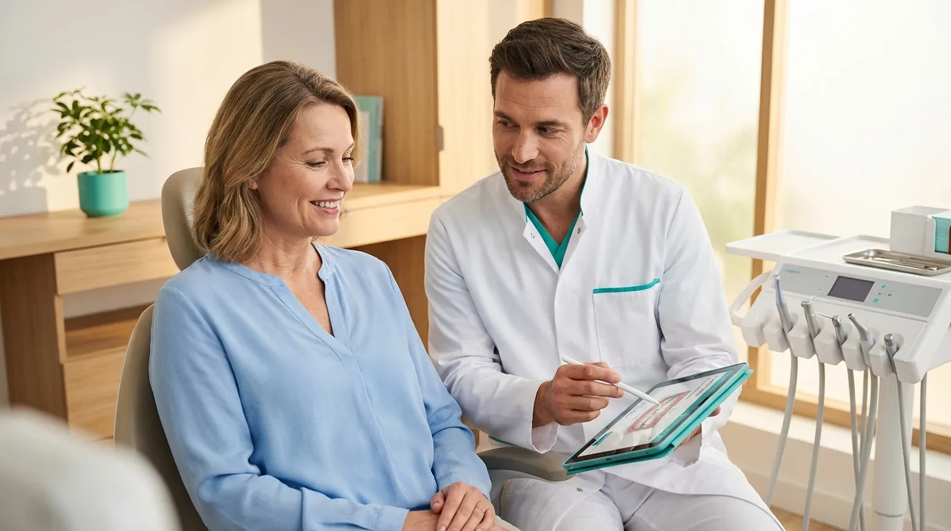 Patientin lächelt erleichtert während der Zahnarzt ihr auf einem Tablet den Behandlungsplan erklärt